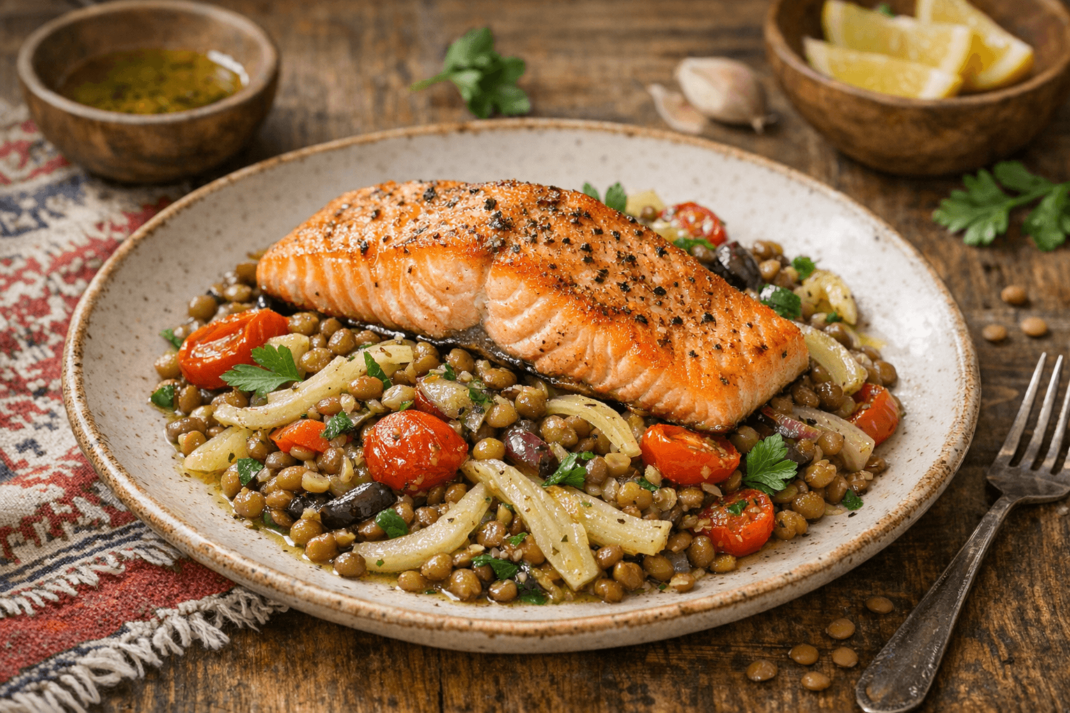 Roasted Salmon with Lentil Fennel