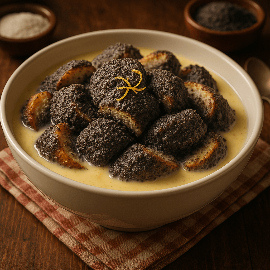 Poppy Seed Bread Pudding with Vanilla Custard